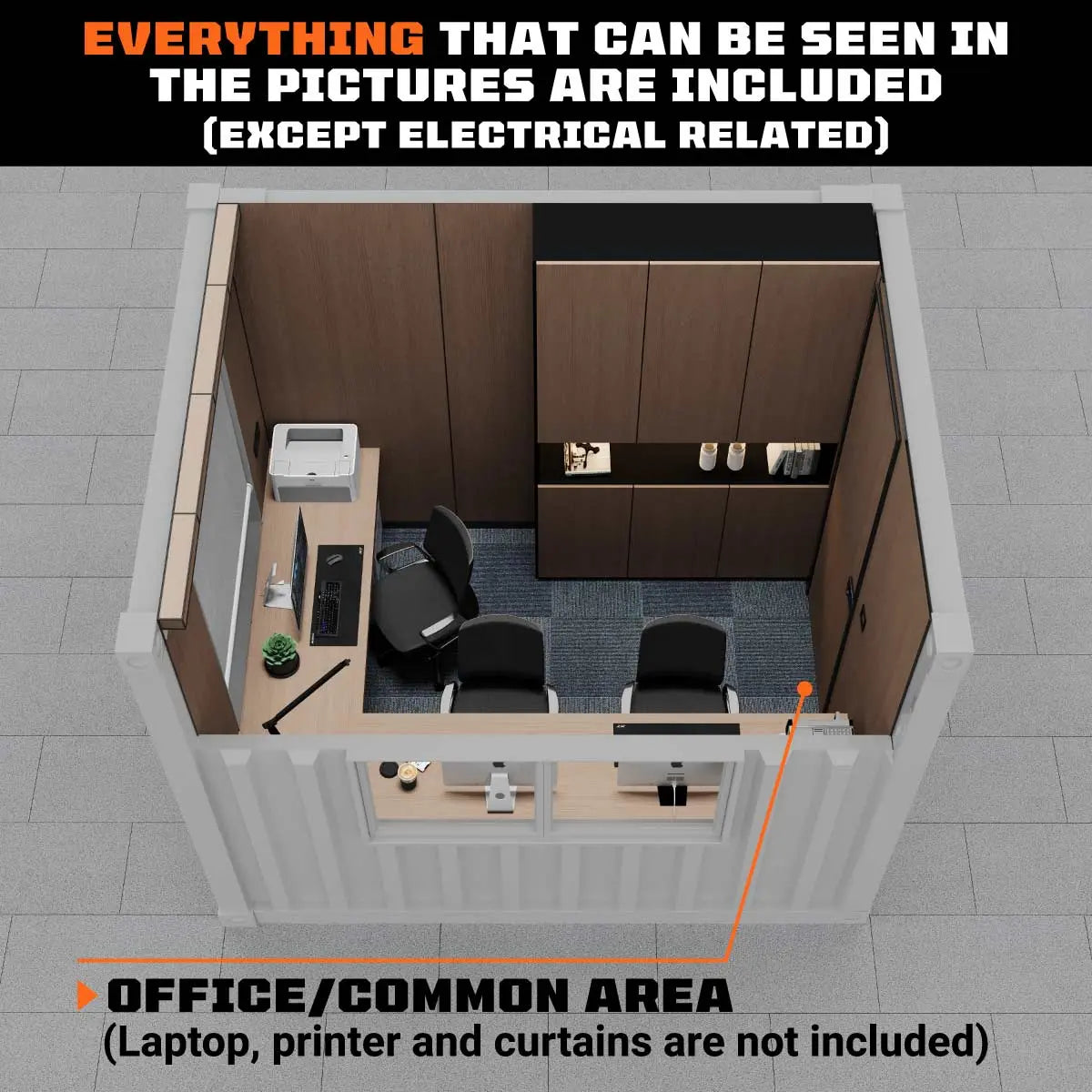 10’ Custom Built Steel Container Office, 57 Sq-Ft Working Area, 3 Ergonomic Office Chairs, TMG-SCO10