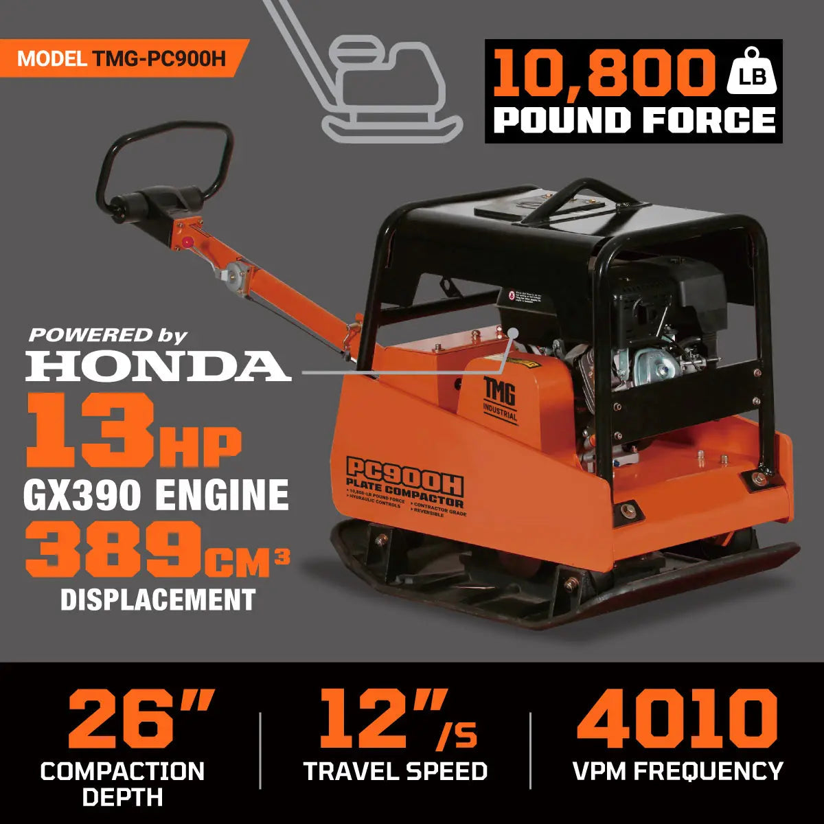10,800-lb Reversible Hydraulic Plate Compactor, 13 HP Honda GX390 Engine, 400-kg Net Weight , Hydraulic Control, TMG-PC900H