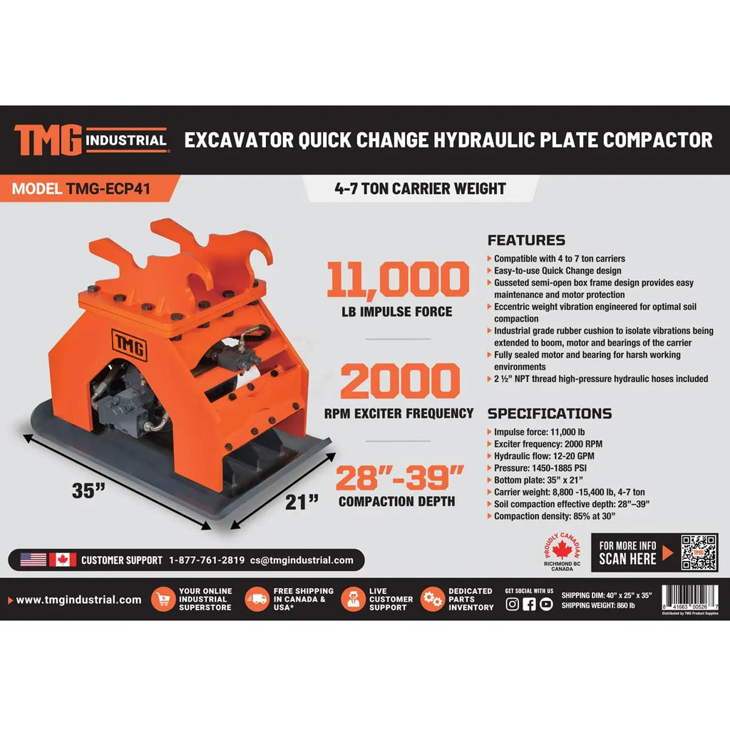 11,000-lbf Hydraulic Plate Compactor, 4-7 Ton Excavator Weight, 39" Compact Capacity, TMG-ECP41