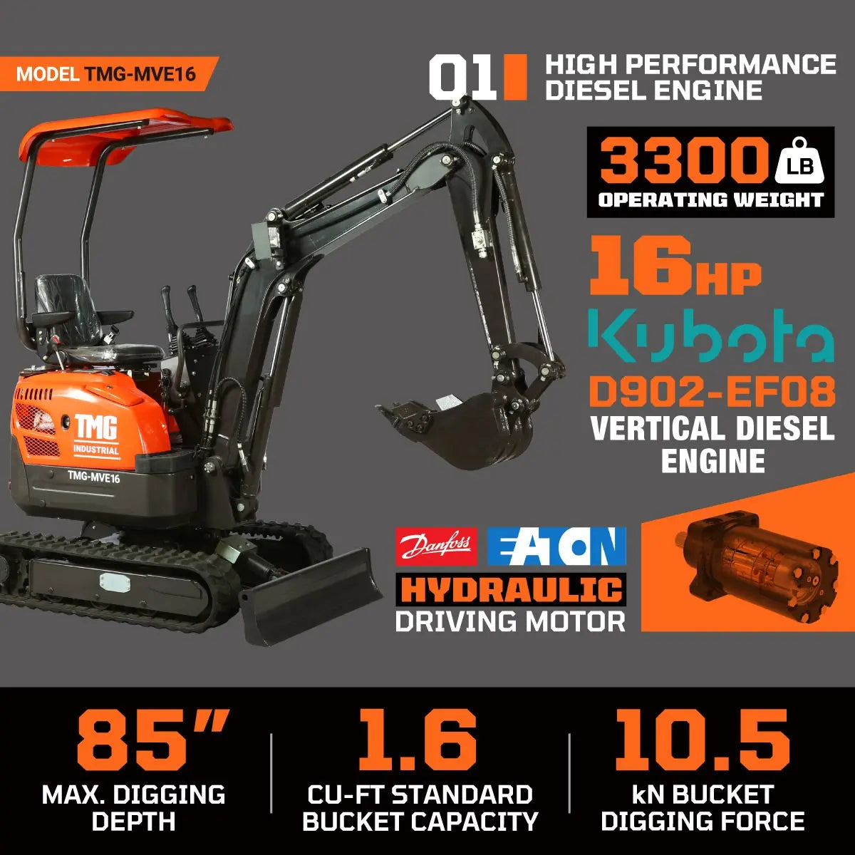 1600 KG Compact Mini Excavator, 16 HP Kubota Diesel, KDK Pump, Eaton Motor, 85" Digging Depth TMG-MVE16