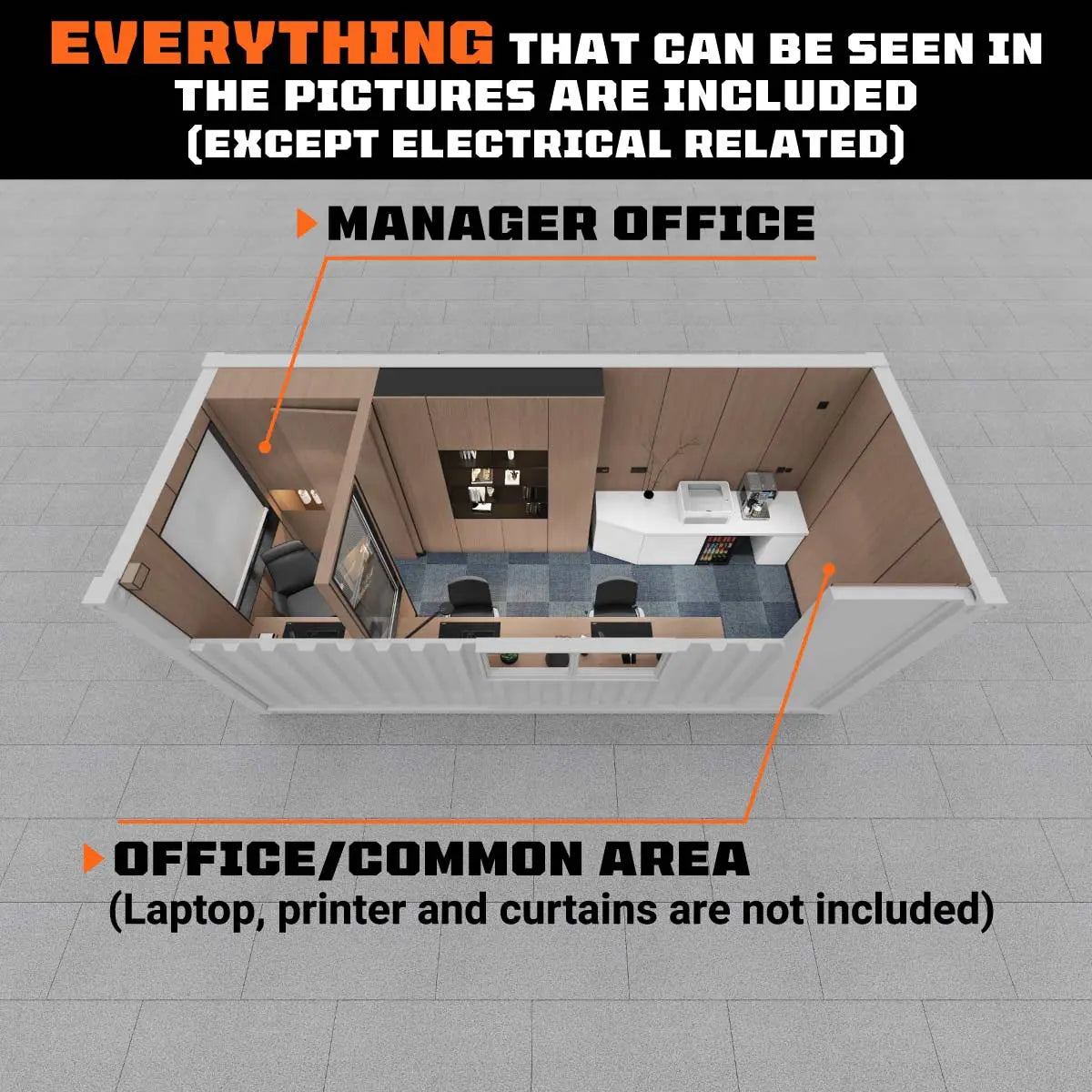 20’ Custom Built Steel Container Office, Working Area & Manager’s Office, 1 Leather Office Chair, 3 Ergonomic Office Chairs, TMG-SCO20