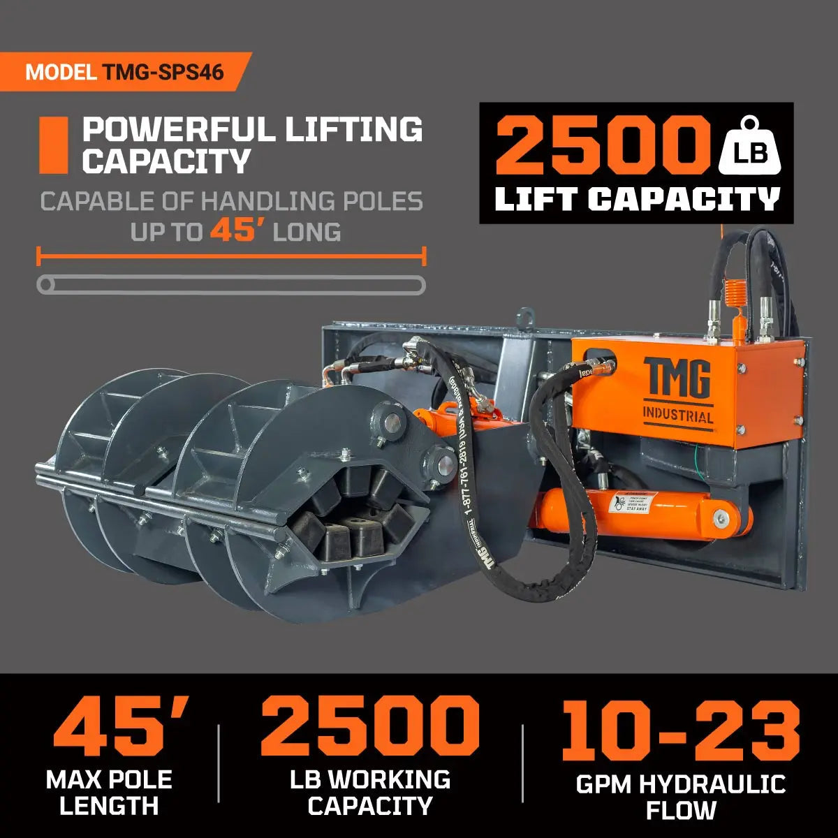 2500-lb Skid Steer Pole Setter, 45' Pole Capacity, 0°-100° Claw Rotation, Jaw Claw Opening 4" to 20", TMG-SPS46