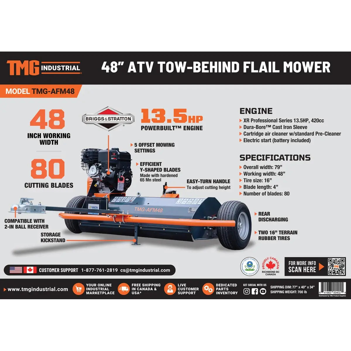 48" ATV Tow-Behind Offset Flail Mower, Briggs & Stratton 13.5 HP Engine, Adjustable Mowing Height, 15" Cut Capacity, TMG-AFM48