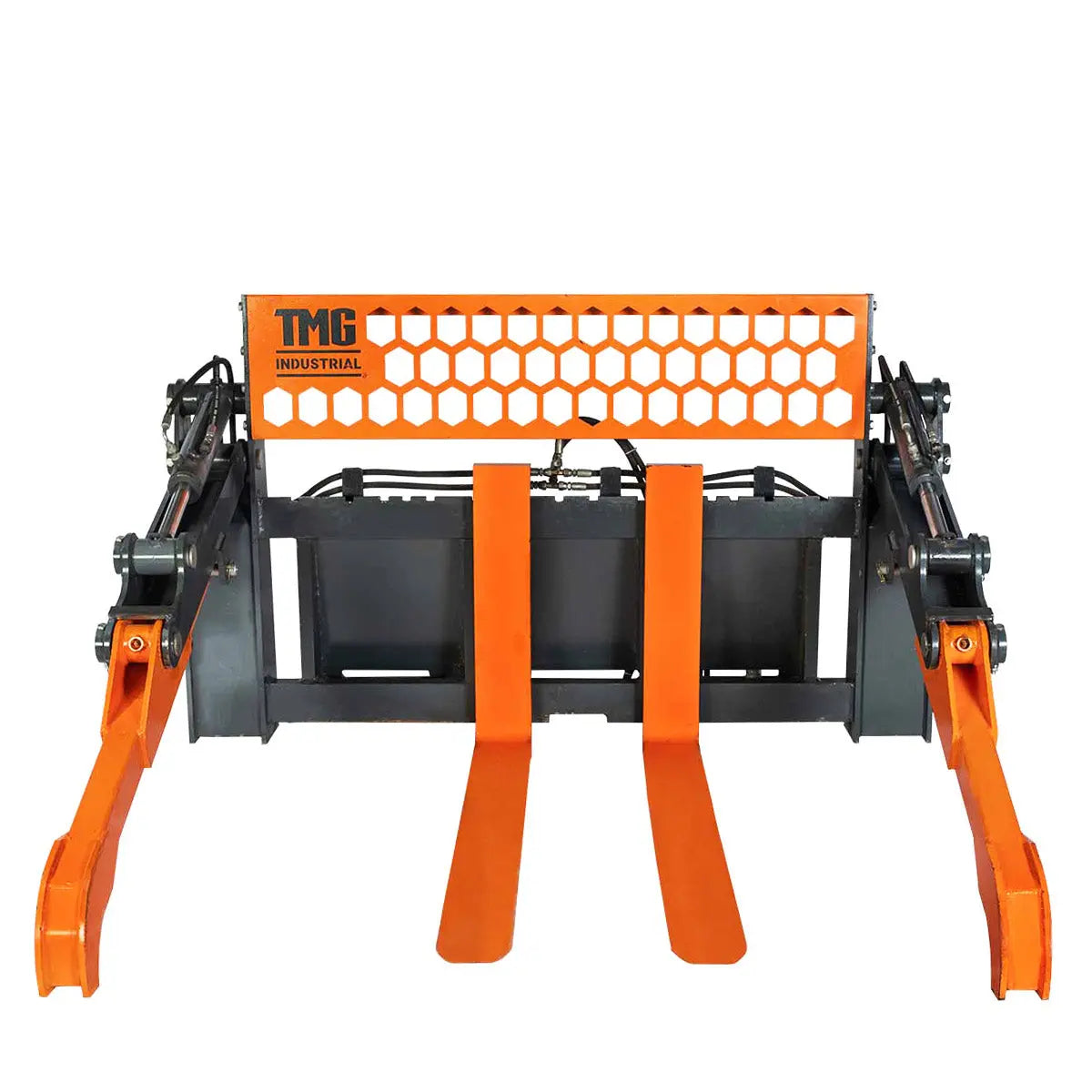 48" Two-Cylinder Pallet Fork Pipe Grapple, 6200-lb Lift Capacity, ITA Class III Forged Tines, Skid Steer Mount, TMG-SPG45