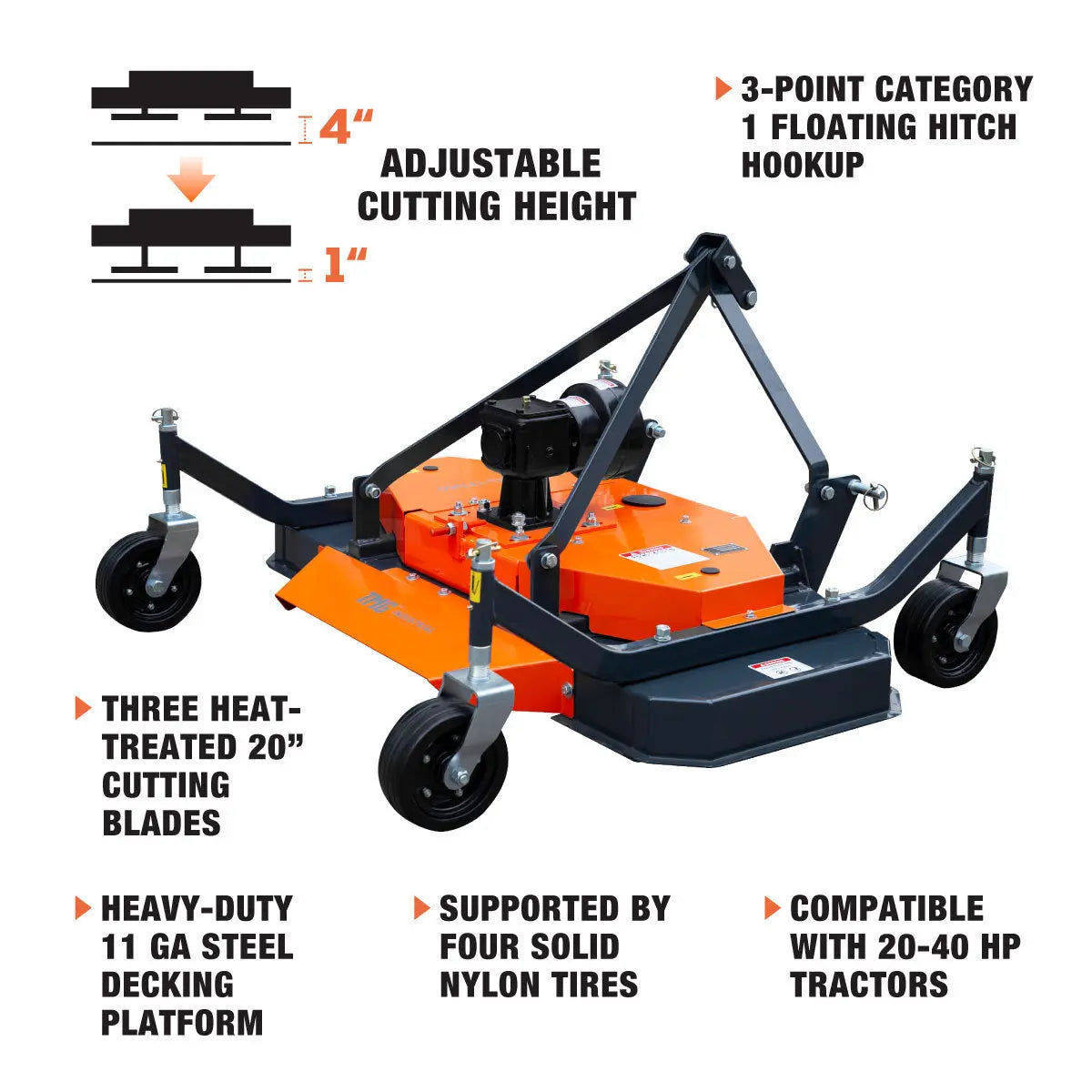 60" Tow-Behind 3 Point Finish Mower, 20-40 HP Compact Tractor, PTO Drive Shaft Included, TMG-TFN60