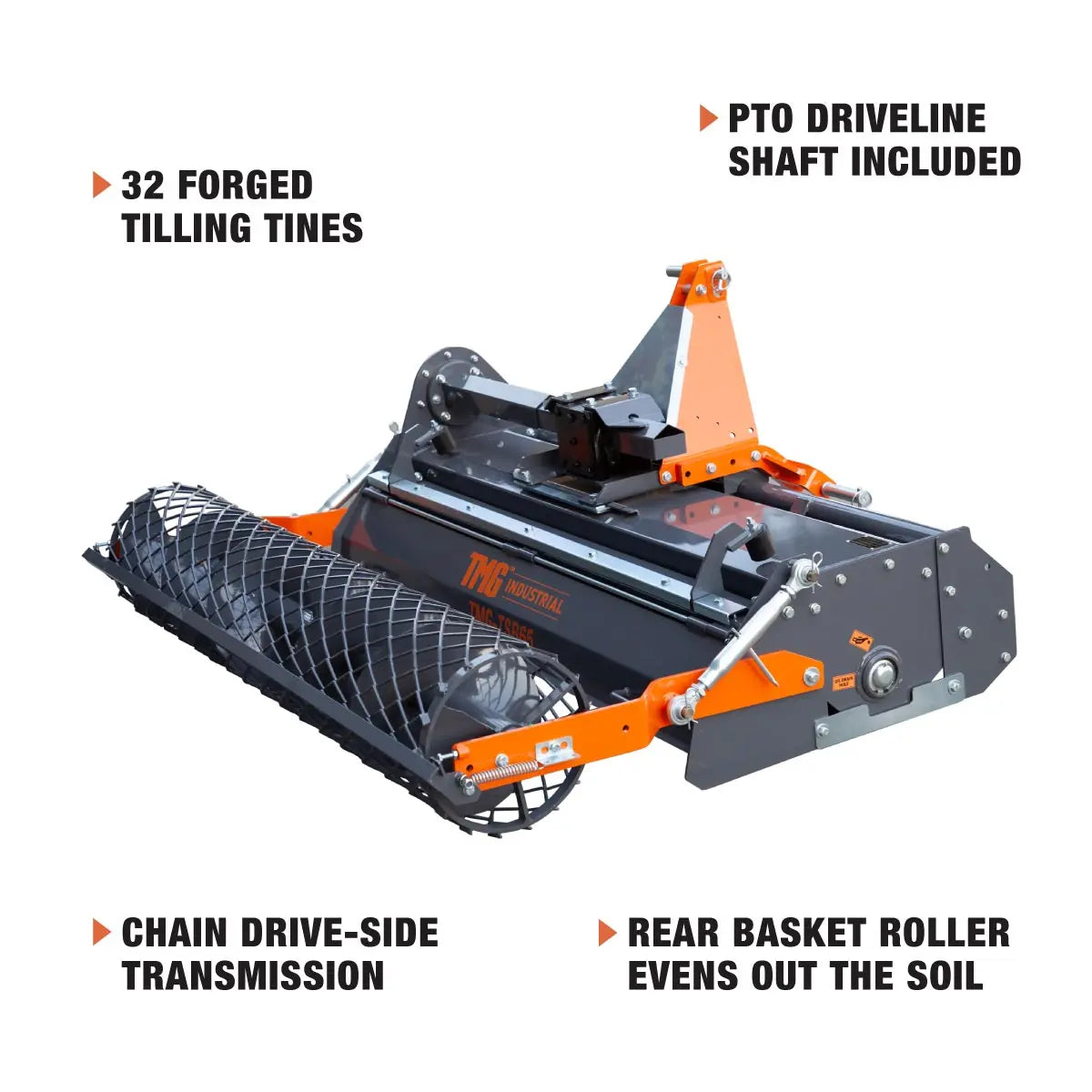 65" Stone Burier Rotary Tiller, 3-Point Hitch, Category 1 and 2 Hookup, 35-60 HP Tractors, PTO Shaft Included, 2-1/2" Stone Capacity, TMG-TSB65