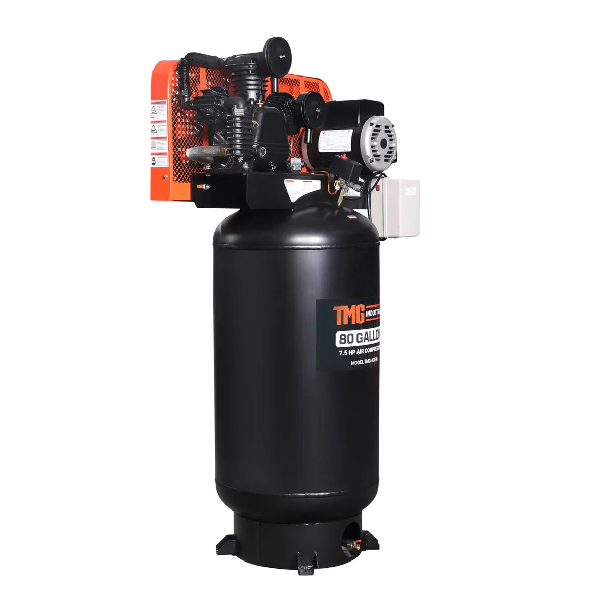 80 Gallon 7.5 HP Stationary Electric Air Compressor, 6 Min Fill Time, 230V Induction Motor, ASME Vertical Tank, TMG-ACE80