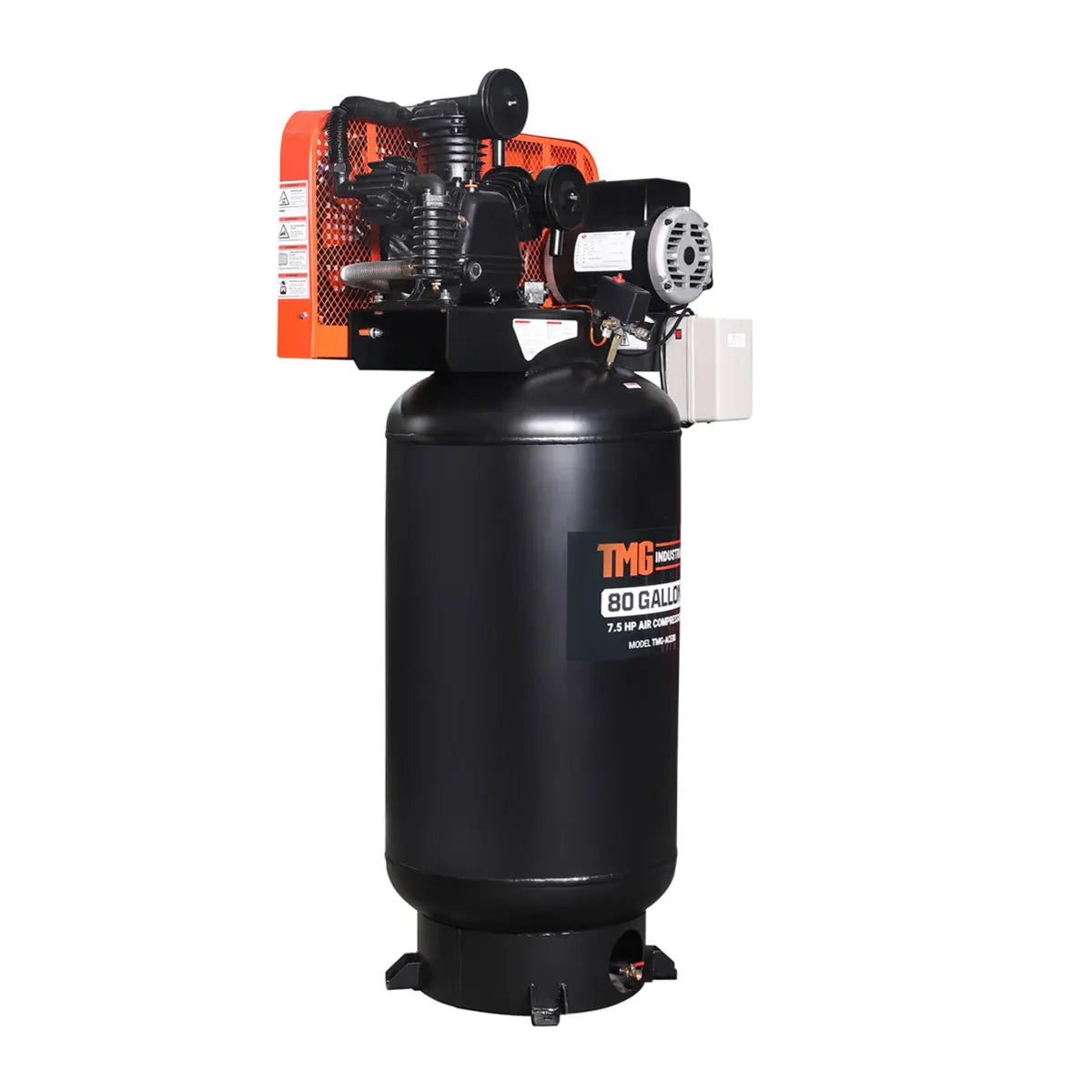 80 Gallon 7.5 HP Stationary Electric Air Compressor, 6 Min Fill Time, 230V Induction Motor, Vertical Tank, TMG-ACE85