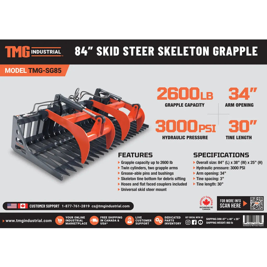 84" Skid Steer Skeleton Grapple Attachment, Universal Mount, 34" Arm Opening, 3" Tine Spacing, 2600 lb Weight Capacity, TMG-SG85
