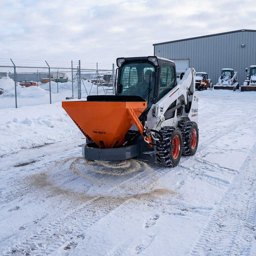 Skid Steer Tilt-N-Scoop Material Spreader, 10 Cu-Ft Capacity, 30’ Wide Spread Range, Snow salt spreader,6.5-12 GPM Flow Rate, Sidewalk Skirt, Universal Mount, TMG-MSS10