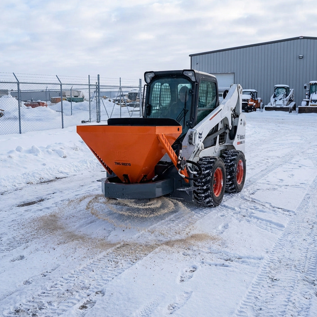 Skid Steer Tilt-N-Scoop Material Spreader, 10 Cu-Ft Capacity, 30’ Wide Spread Range, Snow salt spreader,6.5-12 GPM Flow Rate, Sidewalk Skirt, Universal Mount, TMG-MSS10
