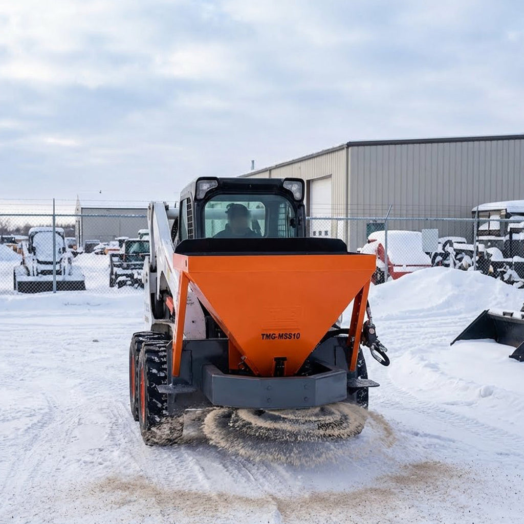 Skid Steer Tilt-N-Scoop Material Spreader, 10 Cu-Ft Capacity, 30’ Wide Spread Range, Snow salt spreader,6.5-12 GPM Flow Rate, Sidewalk Skirt, Universal Mount, TMG-MSS10