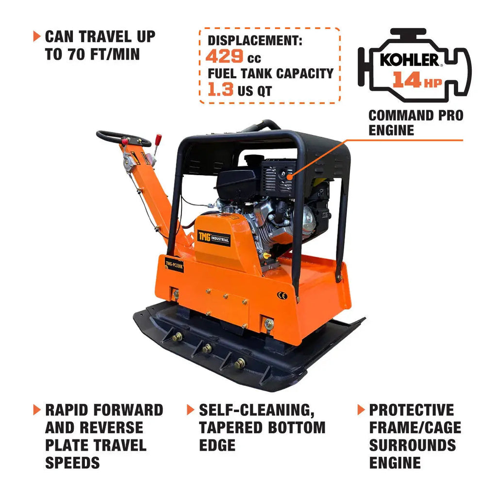 Reversible Plate Compactor, 8500-lb Compact Capacity, 14 HP CH440 Kohler Command Pro Series Engine, 34" Compaction Depth, TMG-PC330K