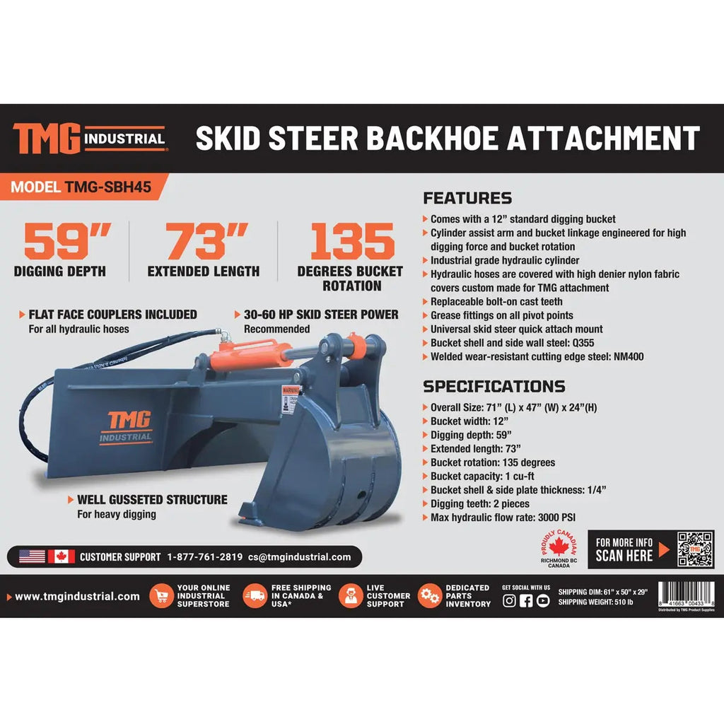 Skid Steer Backhoe Attachment, 12" Bucket Included, 30-60 HP Carriers, 59" Digging Depth, TMG-SBH45