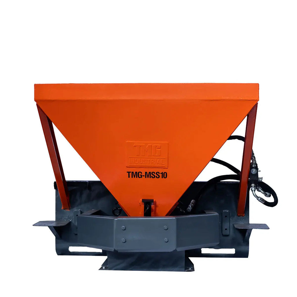 Skid Steer Tilt-N-Scoop Material Spreader, 10 Cu-Ft Capacity, 30’ Wide Spread Range, Snow salt spreader,6.5-12 GPM Flow Rate, Sidewalk Skirt, Universal Mount, TMG-MSS10
