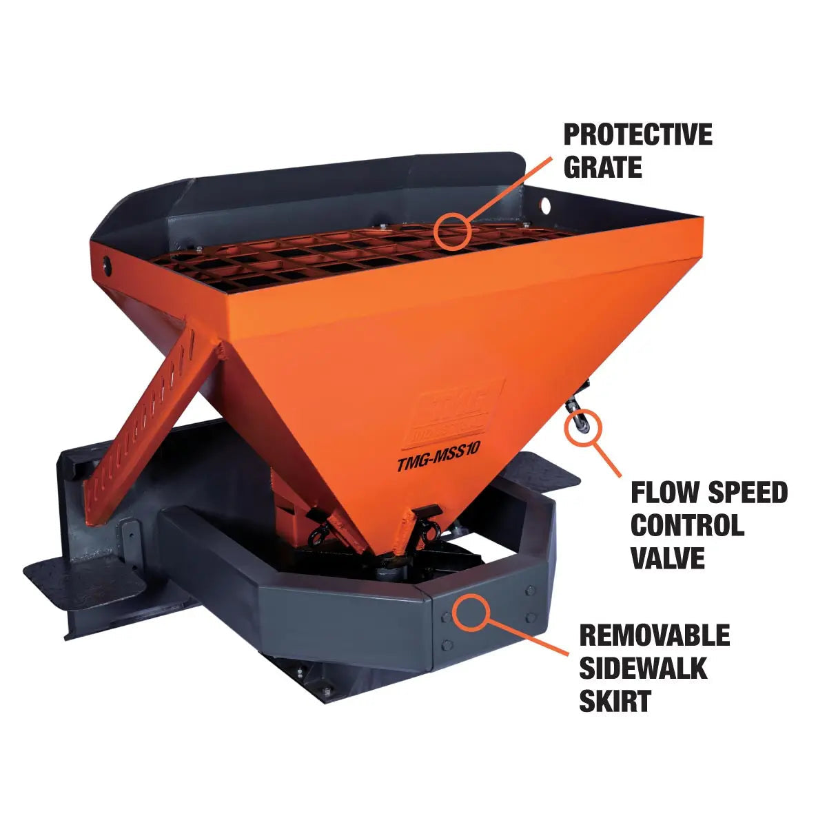 Skid Steer Tilt-N-Scoop Material Spreader, 10 Cu-Ft Capacity, 30’ Wide Spread Range, Snow salt spreader,6.5-12 GPM Flow Rate, Sidewalk Skirt, Universal Mount, TMG-MSS10