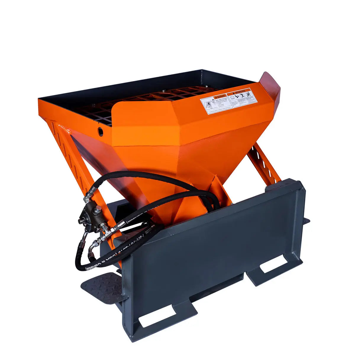 Skid Steer Tilt-N-Scoop Material Spreader, 10 Cu-Ft Capacity, 30’ Wide Spread Range, Snow salt spreader,6.5-12 GPM Flow Rate, Sidewalk Skirt, Universal Mount, TMG-MSS10