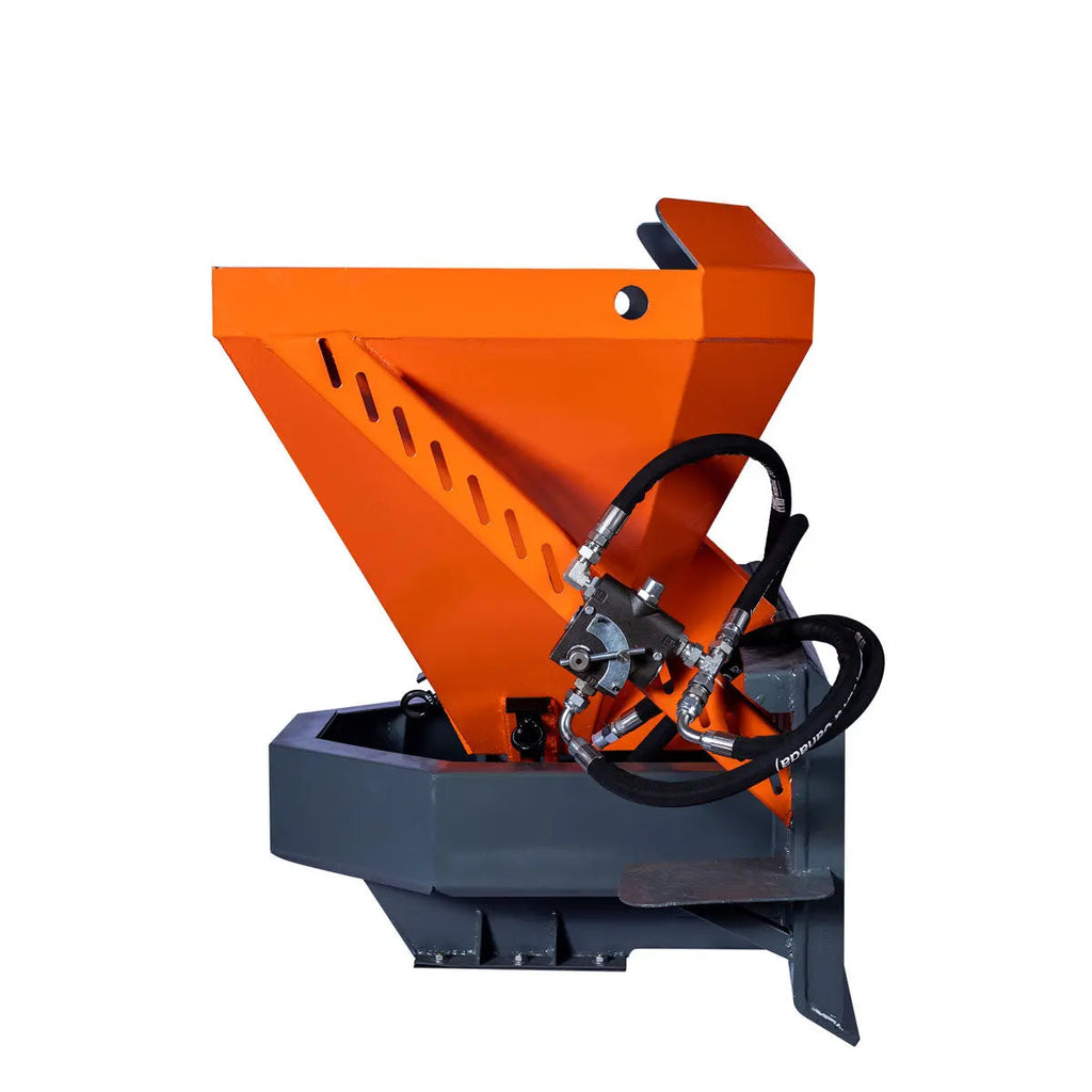 Skid Steer Tilt-N-Scoop Material Spreader, 10 Cu-Ft Capacity, 30’ Wide Spread Range, Snow salt spreader,6.5-12 GPM Flow Rate, Sidewalk Skirt, Universal Mount, TMG-MSS10