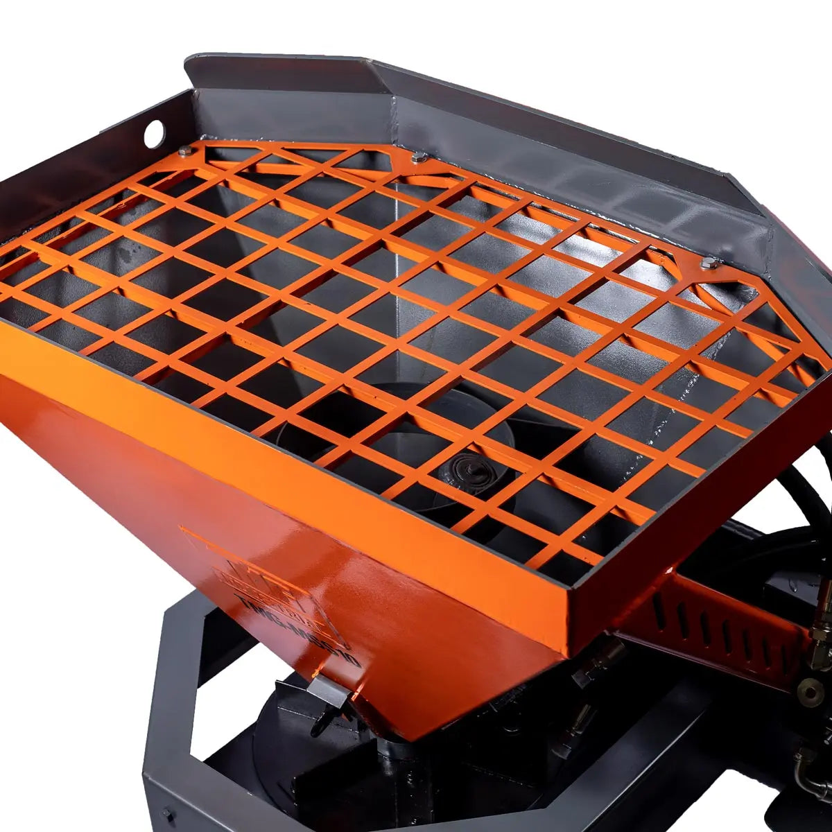 Skid Steer Tilt-N-Scoop Material Spreader, 10 Cu-Ft Capacity, 30’ Wide Spread Range, Snow salt spreader,6.5-12 GPM Flow Rate, Sidewalk Skirt, Universal Mount, TMG-MSS10